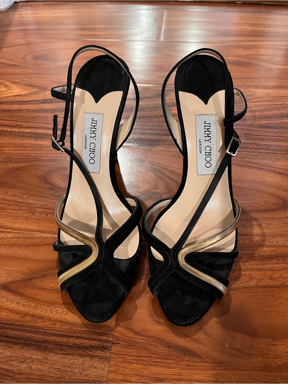 Jimmy Choo Black Suede Gold Chain Strappy Sandals Heels Size 39 US 8.5 Italy